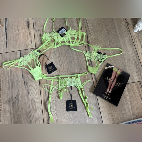 Honey Birdette Amelie 5pc set 32C Bra XS Brief Suspender S Thong Stockings - Picture 3 of 4